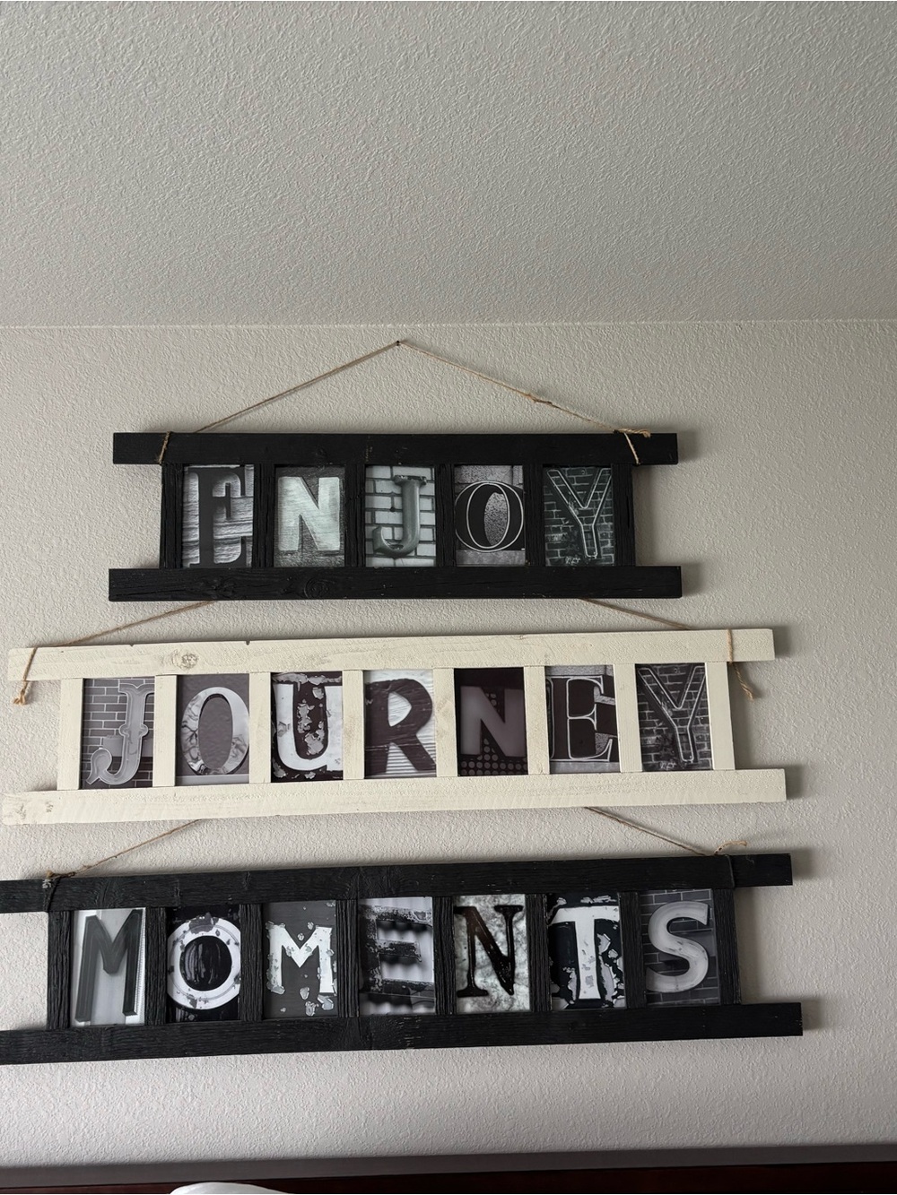 Wall Art Trio "Enjoy, Journey Moments" - Black & Cream Letter Collage